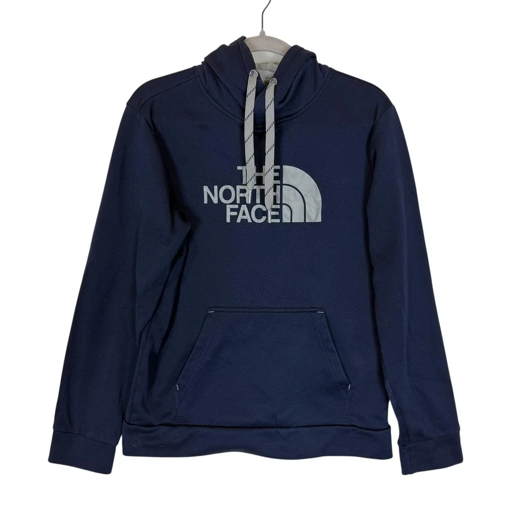 The North Face Hoodie Mens Small Blue Pullover Fleece Logo Graphic Kangaroo‎